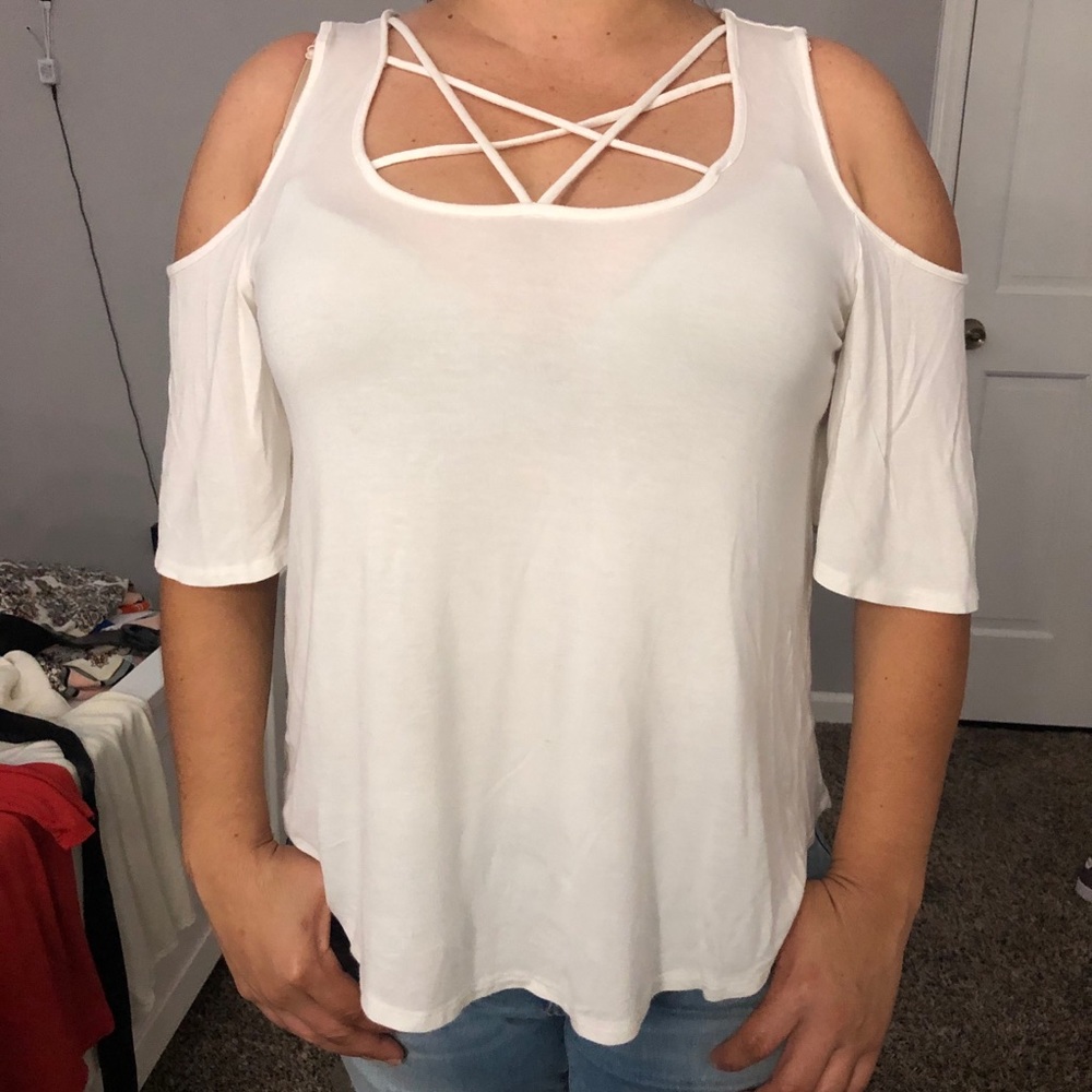 White shoulder cut top